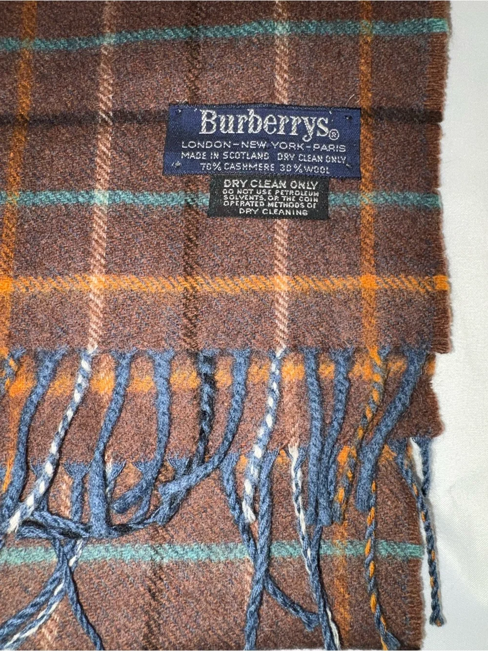 Vintage Burberry Scarf Cashmere Plaid blue and browns Burberrys